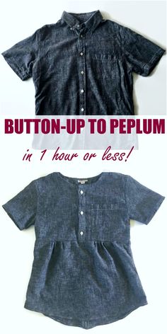 an image of the back and front of a shirt with buttons on it, which reads button - up to pelm in 1 hour or less