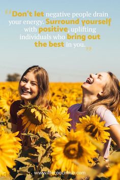 two girls in a field of sunflowers with the quote i love it when someone's laugh is funnier than the joke