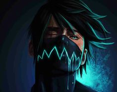 an anime character with black hair and blue eyes, wearing a mask that has neon lights on it