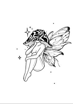 a black and white drawing of a fairy sitting on top of a flower with stars around it