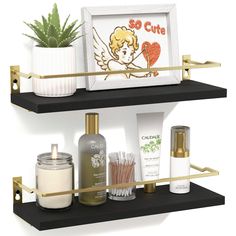 two shelves with various items on them and one shelf holding a candle, toothbrushes