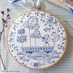 a blue and white embroidery pattern on a hoop