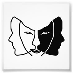 a black and white drawing of two people's faces, one is facing each other