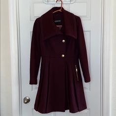 Nwot Guess Fit And Flare Wool Jacket Color: Wine Never Worn, Extra Button Attached Inside Of Jacket Chic Outerwear With Covered Buttons And Lapel Collar, Chic Outerwear With Lapel Collar And Covered Buttons, Chic Fall Outerwear With Covered Buttons, Long Sleeve Blazer With Covered Buttons For Fall, Fall Long Coat With Covered Buttons, Long Coat With Covered Buttons For Fall, Fall Double-breasted Outerwear With Covered Buttons, Designer Collared Winter Outerwear, Fitted Fall Outerwear With Covered Buttons