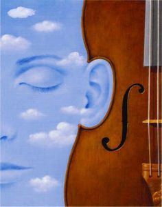 a painting of a woman's face with her eyes closed next to a violin