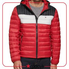 in stock Sporty Red Hooded Puffer Jacket, Hooded Red Puffer Jacket For Outdoors, Red Hooded Puffer Jacket For Outdoor, Hooded Red Tommy Hilfiger Outerwear, Man Quilt, Hooded Puffer Jacket, Perfect Coat, Round Logo, Men's Coats & Jackets