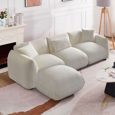 MINIMALIST &amp; SCANDAVANIAN: Beige color, boucle, unique corner design, stylish appearance, all these make the sofa so different from others. It must be an icing on the cake in your room and would add a touch of fashion to your decor. FULL OF COMFORT: Softness is one of the most significant features this three seater sofa possess. The seat and back of the sofa are filled with thick sponge. Medium soft of the seat make you not sinking in. Soft Sherpa fabric is skin-friendly. The comfort level certainly wou