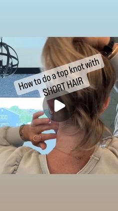 90 likes, 4 comments - rebekahrice on June 5, 2022: "I love short hair BUT I have to be able to pull it back and sometimes I’m in the mood for a top knot.     However, those pesky underneath hairs make it difficult.     Try this tip to keep them tamed 😂    ✨Save | Share | Follow     #shorthairstyle #shorthairtips #topknot #thinhair #thinhairstyles #momhair #summerhairstyles #shorthairtopknot #shorthairupdo". Cute Ways To Put Short Hair Up, Twisted Updo Short Hair, Easy Everyday Updos For Short Hair, Easy Way To Style Short Hair, Simple Upstyles For Short Hair, Simple Short Hair Updos Casual, Top Knot With Short Hair, Hair Up Do Short Hair, How To Wear Short Hair Up Casual