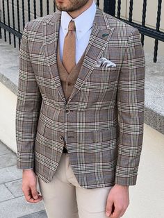 Rockford Beige Slim Fit Peak Lapel Plaid Check Wool Blazer – brabion Beige Suit, Groom Suits, Menswear Details, Beige Suits, Pants Gift, Beige Plaid, Shirt Tie, Summer 22, Jacket Vest