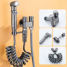 an image of a hair dryer and accessories on the wall in different stages of operation