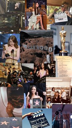 the collage has many different pictures and words on it, including an oscar statue