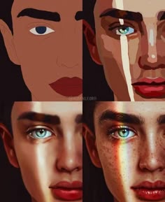 four different images of people with blue eyes and brown hair, one has an orange stripe on