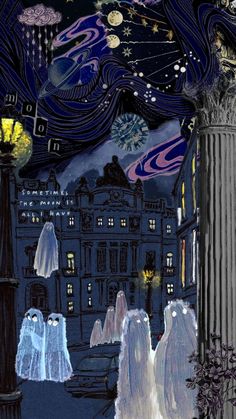 an artistic painting of people dressed as ghostes in front of a building at night