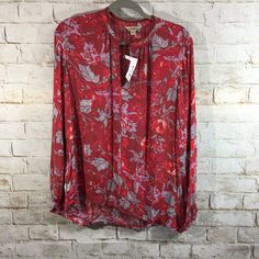 Lucky Brand Womens Large Red Floral Print Long Sleeve Boho Tunic Top Blouse Red Long Sleeve Bohemian Blouse, Red Floral Print Rayon Blouse, Red Rayon Blouse For Spring, Red V-neck Rayon Blouse, Red Long Sleeve Blouse With Floral Print, Long Sleeve Red Blouse With Floral Print, Red Bohemian Fall Blouse, Flowy Red Floral Print Top, Red Flowy Tops For Fall