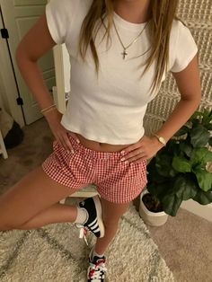 summer outfit | checkered shorts | adidas outfits Tube Top Outfit Aesthetic Y2k, Cool Girl Summer Fits, Trending Fits 2024, Summer Outfits Comfy Casual, Tube Top Summer Outfits, Cute Summer Outfit Inspo 2024, My Dream Clothes, Utah Summer Outfit, Fitted Tops Outfit