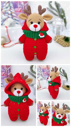 crocheted stuffed animals are dressed in christmas clothes