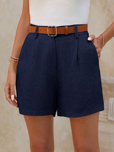 Plus Size Women Solid Color Pockets Pleated Loose Casual Shorts Navy Blue Casual   Woven Fabric Plain Track Shorts Non-Stretch  Women Plus Clothing, size features are:Bust: ,Length: ,Sleeve Length: Bamboo Knots, Sleepwear Sets, Linen Shorts, Casual Streetwear, Kids Sleepwear, Long Sleeve Sweatshirts, Plus Clothing, Summer Women, Women Clothing