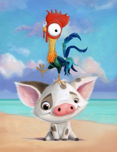 a painting of a pig on the beach with a rooster sitting on it's head