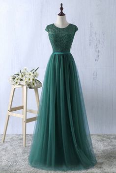 Elegant Dark Green Tulle and Lace top Round Neck Floor Length evening dresses ,simple formal dress, Dark Green Formal Gowns Simple Formal Dress, Modest Formal Dresses, Tulle Dresses, Robes D'occasion, Simple Bridesmaid Dresses, Prom Dresses Long Lace, Modest Prom, Green Tulle, Prom Dresses 2018