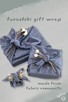 Furoshiki cloth gift wrap made from fabric remnants. Set of three sizes in Chambray blue color, shown wrapped around assorted size boxes with dried plants (not included) for decoration. Ancient Japanese Art, Baking Packaging, Upcycled Gifts, Clothing Packaging, Japanese Gifts, Wrapping Cloth, Garment Industry, Wholesale Gifts, Fabric Remnants