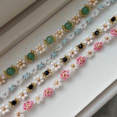 the beads are lined up on the shelf