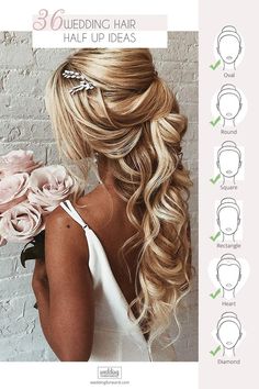 a woman with long blonde hair and flowers in her hair, labeled wedding hair half up ideas