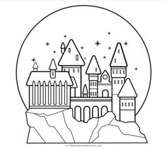 a black and white drawing of a castle in a snow globe with stars on it