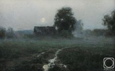 a painting of a house in the middle of a field with a stream running through it