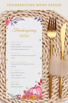 a thanksgiving menu on a wicker basket with gold utensils and a fork