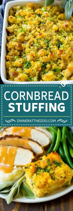 cornbread stuffing in a casserole dish with green beans