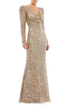 Golden Gown, Puffed Long Sleeves, Long Sleeve Evening Gowns, Gold Gown, Sheath Gown, Sequin Formal Dress, Trumpet Gown, Mac Duggal Dresses, Long Sleeve Gown