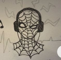 a drawing of a spider - man with headphones in front of a music note