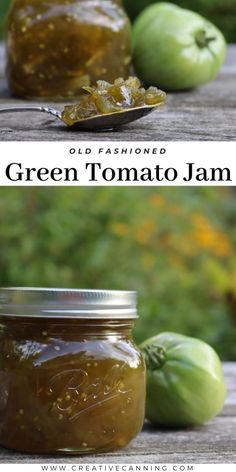 green tomato jam in a glass jar and on a wooden table next to fresh tomatoes