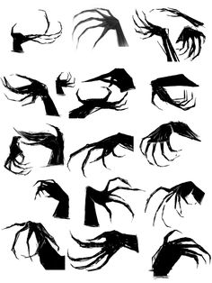 various black and white drawings of hands with claws on them, all drawn in different directions