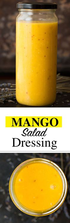 mango smoothie dressing in a glass jar next to a small bowl of orange juice