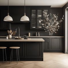 a kitchen with black cabinets and white lights hanging from the ceiling, along with wooden flooring