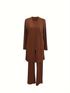 VAKKV Casual Three-piece Solid Set, Long Sleeve Cardigan & Top & Long – VAKKV-SHOP Long Sleeve Pant Set For Work, Fall Workwear Pant Set With Long Sleeves, Long Sleeve Pant Set For Workwear In Fall, Long Sleeve Pantsuit For Fall Loungewear, Brown Workwear Sets For Fall, Brown Sets For Workwear In Fall, Elegant Fall Loungewear Sets, Classic Solid Color Pantsuit For Fall, Fall Loungewear Pantsuit