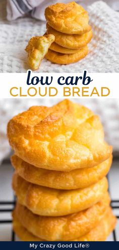 a stack of low carb cloud bread on top of a cooling rack with text overlay that reads low carb cloud bread