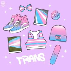 various items that are on top of a purple background with the word trans written below them