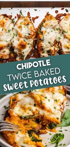 A top image of perfectly golden chipotle twice baked sweet potatoes on a baking sheet, and a bottom image of a chipotle twice baked sweet potato on a plate, with a fork set on the edge of the plate. Eggplant Parmesan Baked, Twice Baked Sweet Potatoes, Baked Sweet Potatoes, Baked Eggplant, Twice Baked, Eggplant Parmesan, Baked Sweet Potato, Meatless Meals, Light Recipes