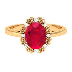 a gold ring with an oval red stone and diamonds on the sides, set against a white background