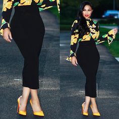 Black Pencil Skirt Outfit, Boots Stilettos, Pencil Skirt Outfit, Stylish Business Outfits, Outfit For Church, Yellow Outfits, Fashionable Work Outfit, Corporate Dress, Corporate Attire