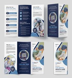 three fold medical brochure templates with blue and white designs on the front