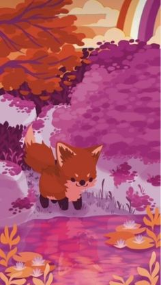 a little fox standing in the middle of a forest next to a lake and trees