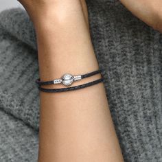 Create a personal look with this woven leather bracelet. The versatile design is secured with our signature ball clasp in sterling silver. Your next collection starts here. Pandora Moments Double Black Leather Bracelet - Size 15.0 Inches | Sterling Silver | 590745CBK-D2 Elegant Braided Bracelet With Stainless Steel Clasp, Elegant Black Leather Bracelet With Sterling Silver, Elegant Black Leather Bracelet In Sterling Silver, Elegant Leather Bracelet With Sterling Silver Clasp, Elegant Sterling Silver Leather Bracelet, Beautiful Champagne Glasses, Pandora Leather Bracelet, Wedding Anniversary Ideas, Charms Pandora