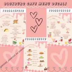 the menu for a restaurant with hearts and other food items on pink background, including pancakes,