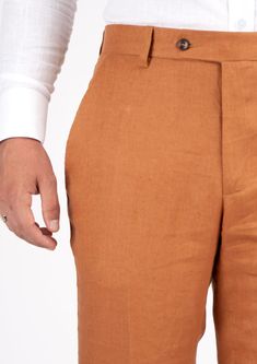 Add a stylish statement to your wardrobe with these unique burnt orange linen pants! Crafted with pure linen for a crisp, lightweight feel, this custom-made piece is sure to stand out. Make a fresh impression with these eye-catching custom made pants! Orange Linen Pants, Body Posture, Body Proportions, Pure Linen, Linen Pants, Fabric Samples, Linen Shirt, Body Measurements, Burnt Orange