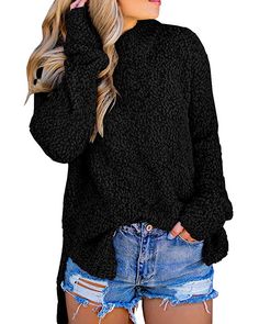 Imily Bela Womens Fuzzy Knitted Sweater Sherpa Fleece Side Slit Full Sleeve Jumper Outwears at Amazon Women’s Clothing store Fuzzy Hoodie, Womens Sherpa, Pullover Mode, Women Sweaters, Sweater Women's, Fuzzy Sweater, Sweater Coat, Winter Tops, Fleece Sweater