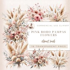 the pink boho pampas flowers clipart pack is shown in front of a white background