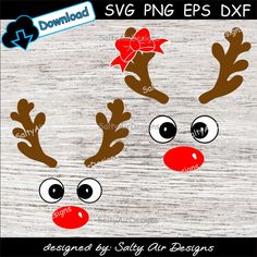 reindeer face with red nose and bow on wood background, svg eps dxf file